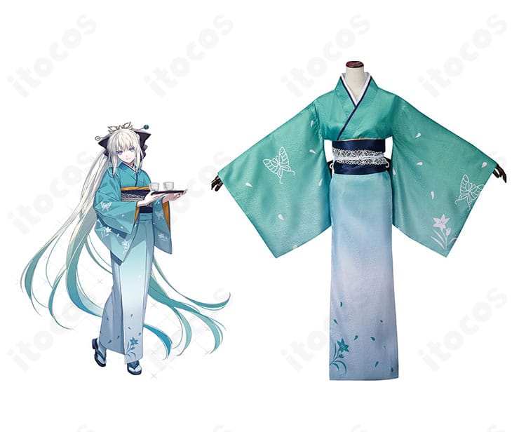 FGO モルガン 京都利休園コラボ和装コスプレの正面全体とキャラクター比較。色味と装飾の再現度が分かる構図。