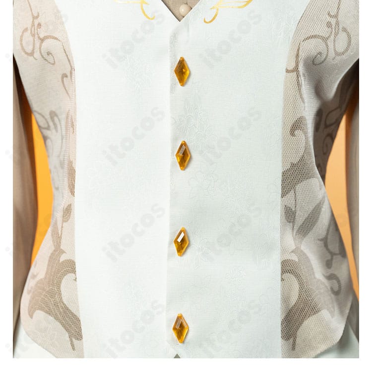 コート前立ての装飾ディテール。縁取りとボタン配置を再現した近接画像。