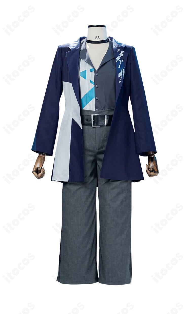 KAITO コスプレ衣装 正面全体図。コートのシルエット、襟元、胸ポケット、ボタン位置などのディテールが確認できる画像。