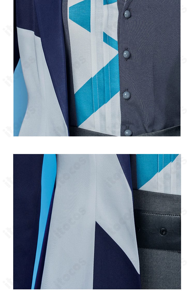 門襟のボタン装飾とウエスト周りのディテール。前合わせの仕立てと腰回りのフィット感を示す画像。