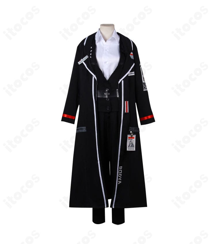 Limbus Company ロージャのコスプレ衣装 正面ビュー。コートとベスト、シャツのレイヤーとフロントのディテールを確認。