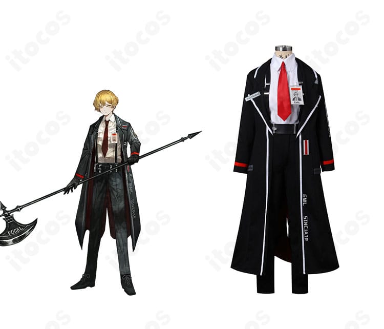 Limbus Company シンクレアのコスプレ衣装・正面とキャラクター比較。コートとID装飾を含む高再現度のデザインがわかる合成画像。