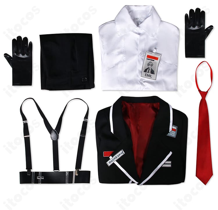 Limbus Company シンクレア衣装・セット内容一式。コート、シャツ、ズボン、ネクタイ、手袋、ベルト、サスペンダーの平置き全体。