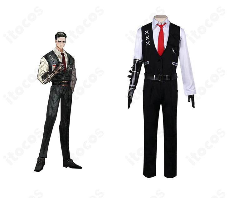 ムルソー公式アートを背景にした商品正面の全体像。スーツ風制服と赤いネクタイ、右手手鎧を備えたLimbus Company ムルソー衣装。