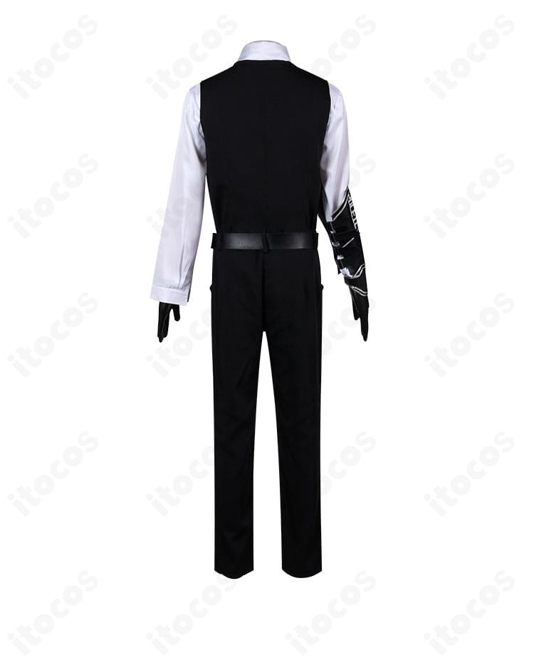 商品背面ショット。ベストの背ベルト、パンツのセンターライン、背面の縫製ステッチが分かるムルソー衣装。