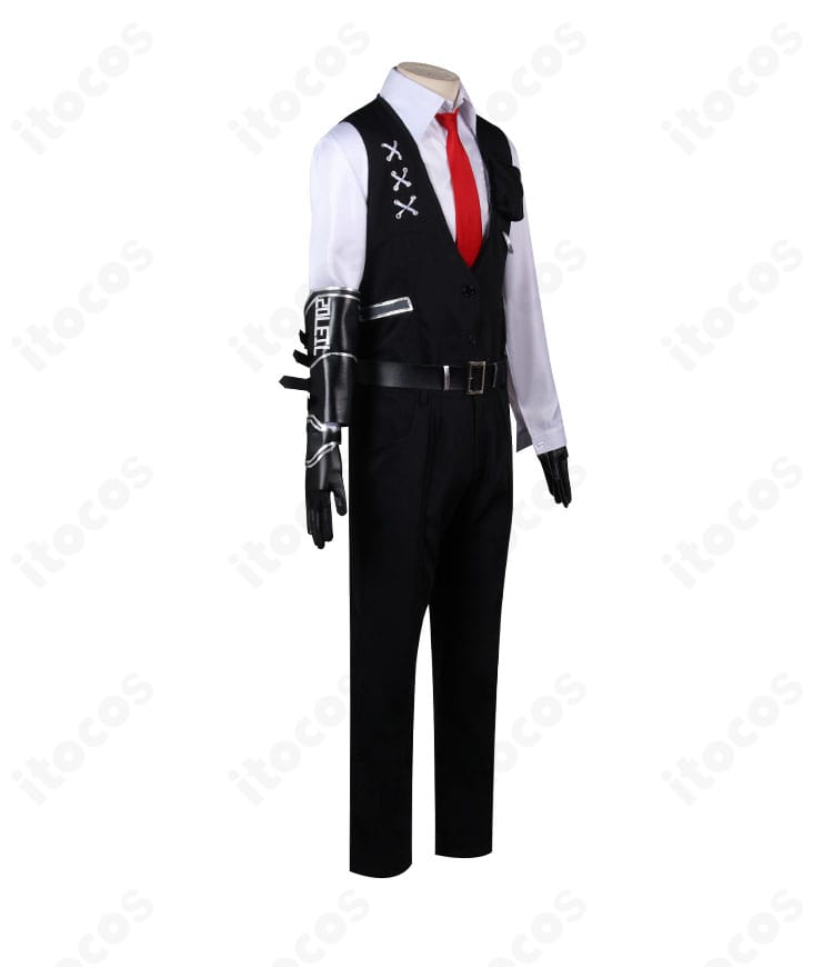 商品側面ショット。肩から袖の落ち感、ベストの丈感、右手手鎧の厚みと位置関係を示すムルソー衣装。