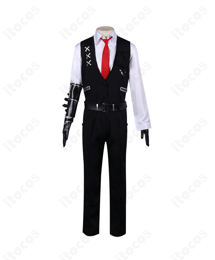 白背景での正面ショット。ベストとシャツのライン、ネクタイの発色、パンツのシルエットが分かるムルソー衣装。