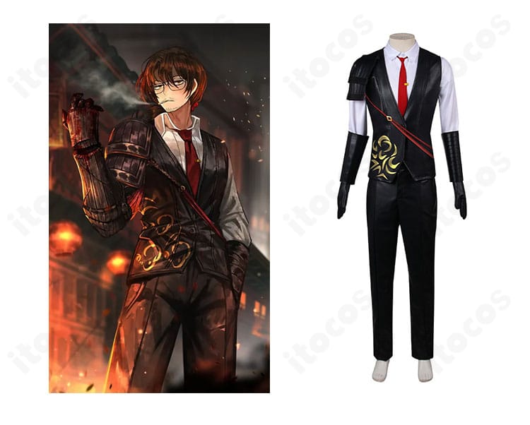 Limbus Company グレゴールのコスプレ衣装 正面とキャラクター比較。右肩装甲とベスト構成まで忠実に再現した全体像