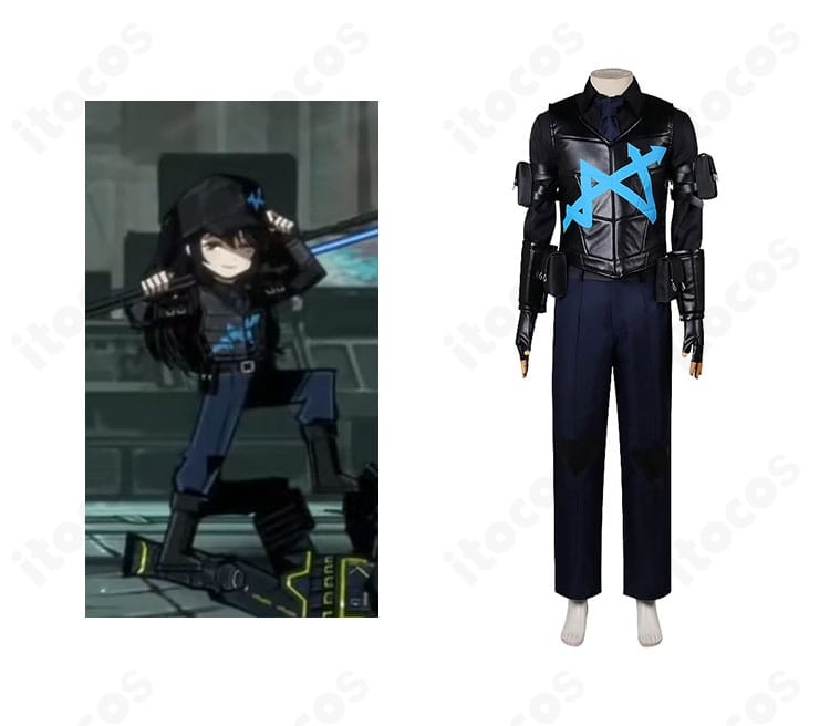 商品正面とキャラクターの比較画像。Limbus Company ホンルの制服コスプレ衣装がキャラ設定に沿って高再現であることを示す構図。