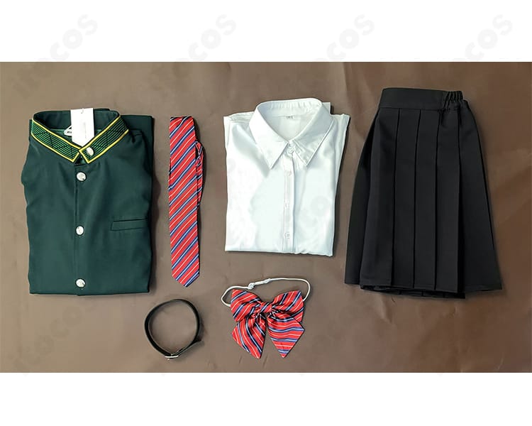 WIND BREAKER 椿野佑 制服コスプレのセット内容一式。コート、シャツ、スカート、ネクタイ、リボン、チョーカーを並べて表示。