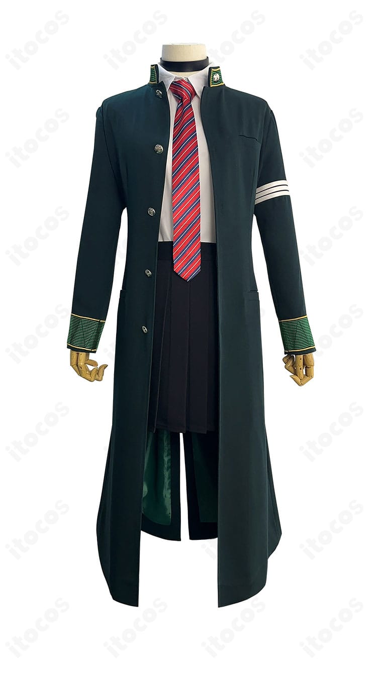 WIND BREAKER 椿野佑 制服コスプレの前面ディテール。コートとシャツの重なりやネクタイ位置を確認できる画像。