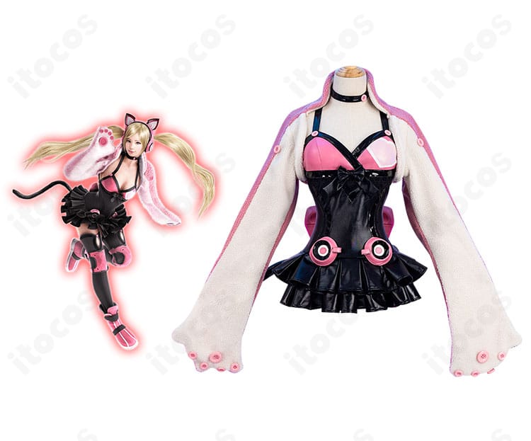 『鉄拳7』ラッキー・クロエ コスプレ衣装の正面とキャラクター比較。ヘッドホンやリボン、尻尾まで忠実に再現したセット全体像。