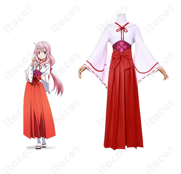 転生したらスライムだった件 シュナ コスプレ衣装の正面とキャラクター比較。和装調の配色と帯の形を高再現で確認できる画像
