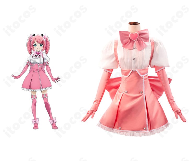 魔法少女にあこがれて 花菱はるか（マジアマゼンタ）コスプレ衣装とキャラクターのイメージショット。ハート装飾と背面リボンを含む全体像。