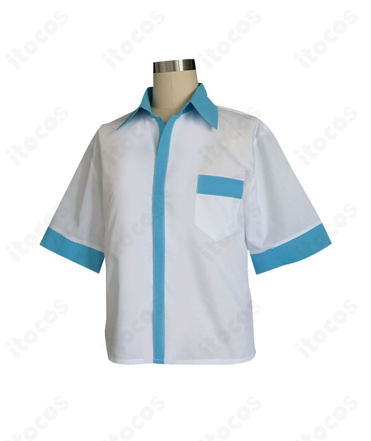 プロジェクトセカイ 天馬司 ローソンコラボ衣装の装飾クローズアップ。刺繍やライン配色、ロゴ風意匠の質感が分かるディテール画像