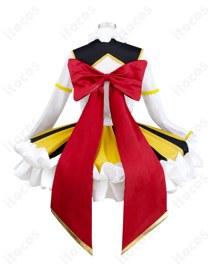 コスプレ衣装の背面ディテール。背部蝶結びやスカートの落ち感、留め具配置が確認できる画像