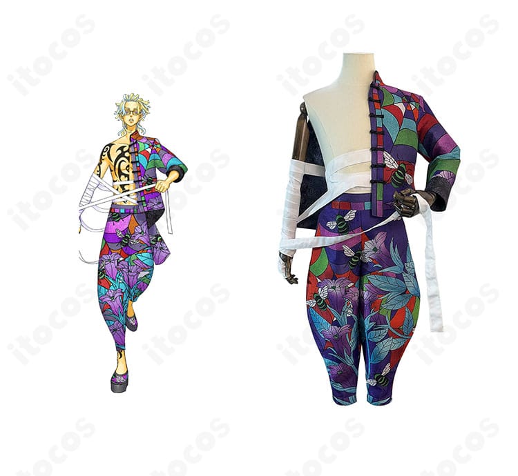 東京卍リベンジャーズ 灰谷竜胆 描き下ろし展衣装の正面全体。上着・ズボン・包帯の3点セットで、キャラクターの雰囲気を忠実に再現。