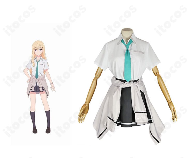 綾瀬沙季の学園制服コスプレ衣装・正面全体。キャラクター画像との比較で清楚な配色と高再現のシルエットが分かる構図。