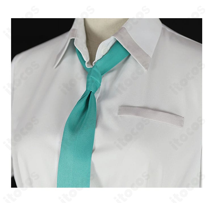 ネクタイと襟の刺繍ディテール。結び目のボリューム感と襟元の仕立ての良さが分かる接写。