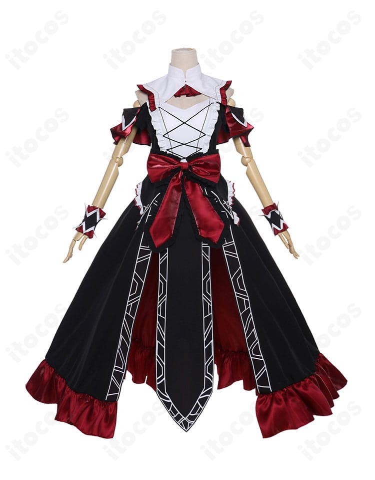 時崎狂三コスプレ衣装の正面ディテール。襟元とフロント装飾を高精度に再現。