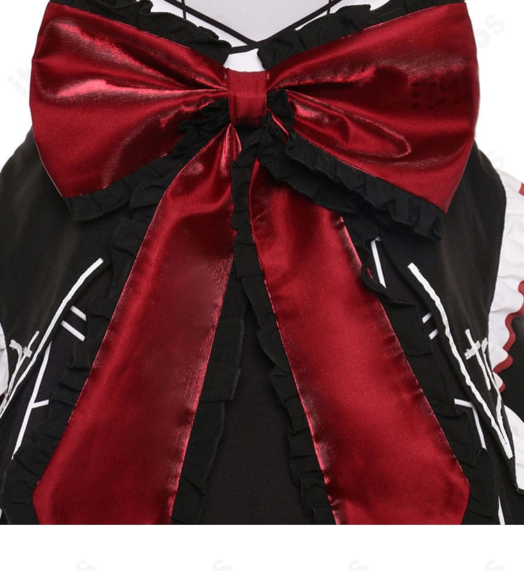 腰の大きな蝶結び装飾。シルエットを引き締める時崎狂三 囁告篇帙風デザイン。