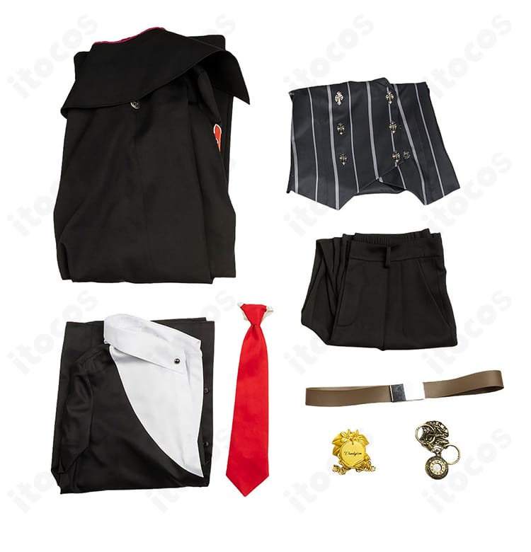 スレイヤーコスプレ衣装のセット内容一式。コート、シャツ、ベスト、ズボン、ネクタイ、ベルト、胸飾り、懐中時計を並べた画像。