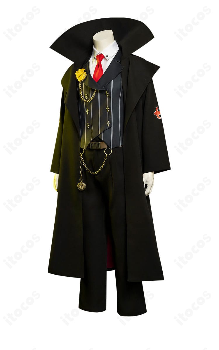 スレイヤー衣装の側面ビュー。コートのラインとベストのフィット感、パンツシルエットの確認用。