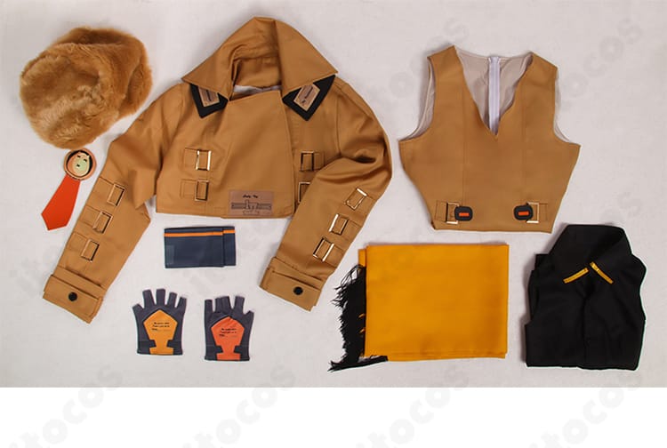 ミリア＝レイジ コスプレ衣装セット内容一式。コート、ワンピース、インナー、マフラー、腕章、手袋をレイアウト。