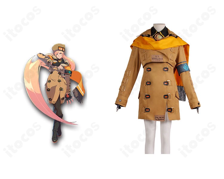 GUILTY GEAR -STRIVE- ミリア＝レイジのコスプレ衣装とキャラクター比較の正面画像。ロングコートと腕章を高再現。