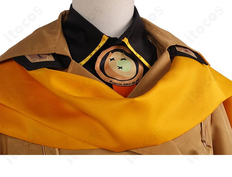 ミリア＝レイジ衣装の襟元ディテール。襟の切り替えと繊細な刺繍、見返し仕立ての質感。