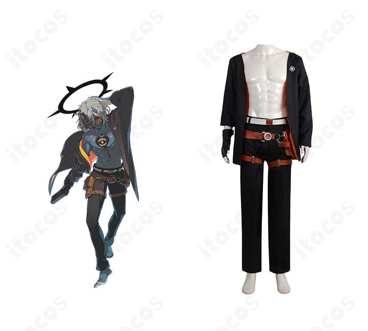 商品正面。ハッピーケイオスのコートと多層ベルトを再現した高再現コスプレ衣装の全体像