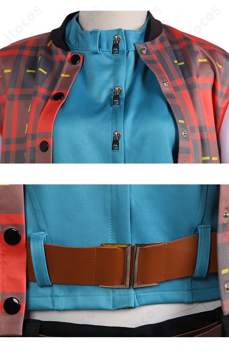 襟元と腰周りの装飾アップ。襟の形状、比翼風の留め、腰帯の質感と配色を強調したディテール。