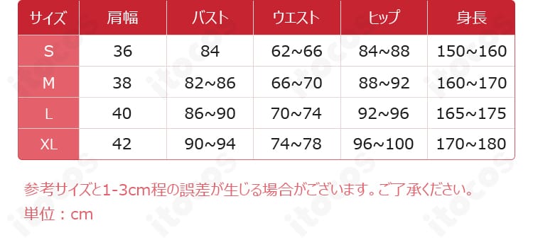 サイズガイド画像。S・M・L・XLの各寸法目安を示し、体型に合わせた選び方をサポートする図版。