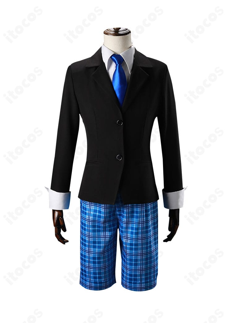 正面装飾ディテール。襟元とネクタイの結び目、胸元の装飾位置が分かる近接カット。