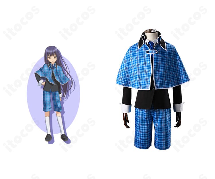 商品正面画像と辺里唯世を並置したイメージ。聖夜学園男子制服のマントとコートのシルエットを比較できる構図。