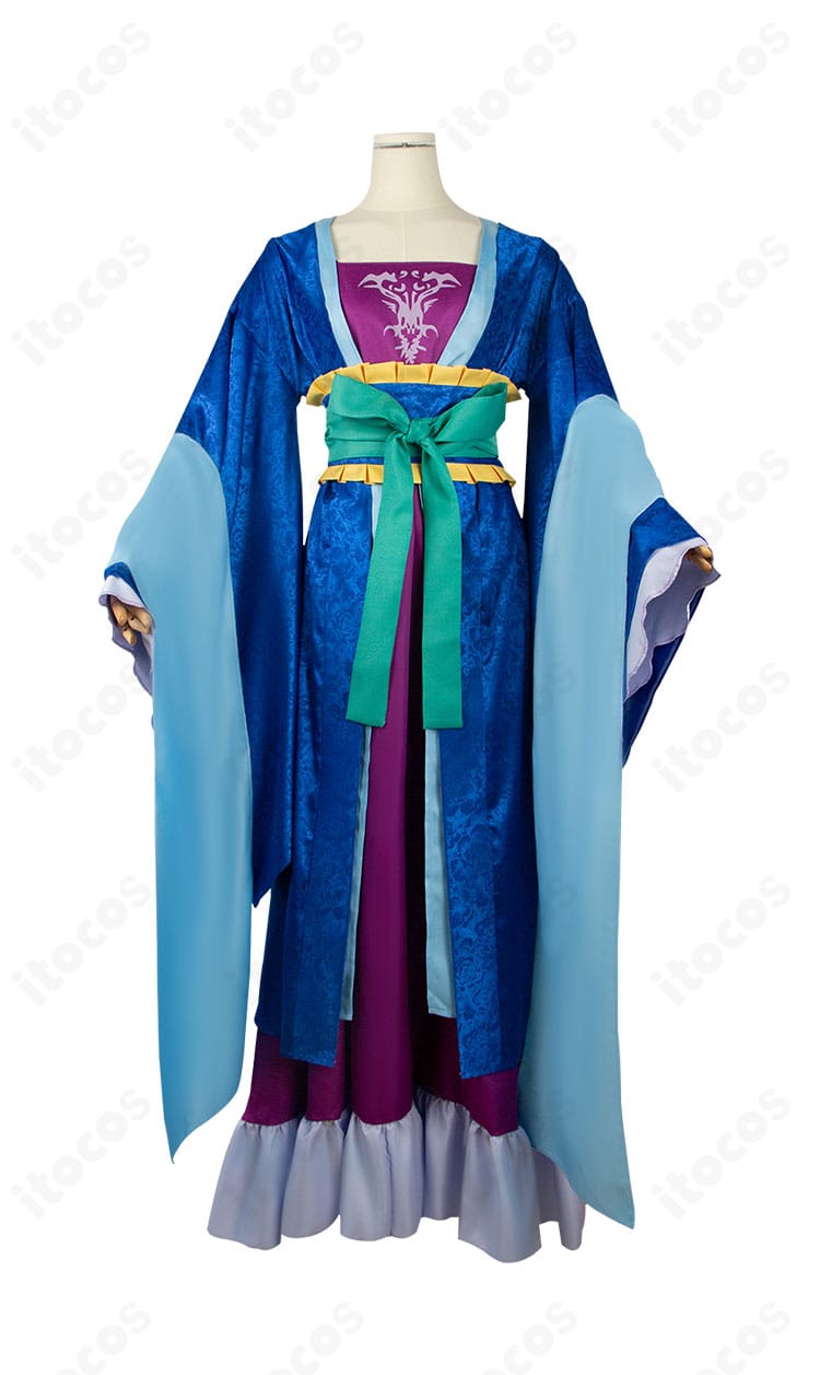 梨花妃コスプレ衣装の正面ビュー。上着とワンピースのシルエット、帯の配置が鮮明に見える画像。