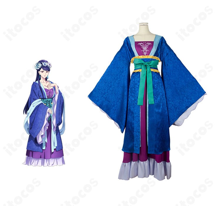 梨花妃のキャラクターと衣装正面が並ぶ画像。後宮妃衣装コスプレの全体像と再現度がわかるカット。