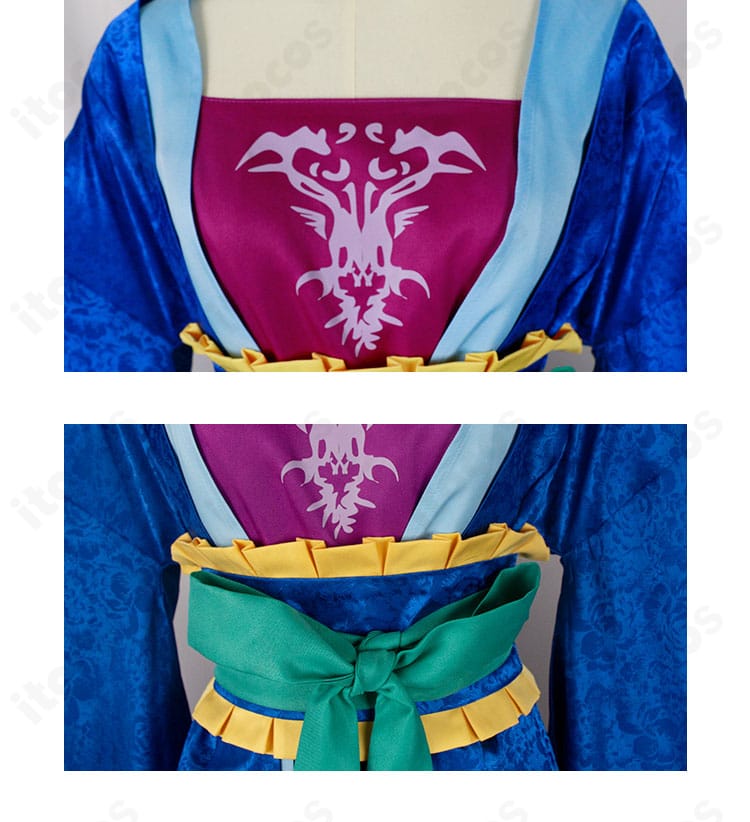 胸元から腰周りの飾りと腰封のアップ。特徴的な帯飾りとコルセットの質感が伝わるディテール。