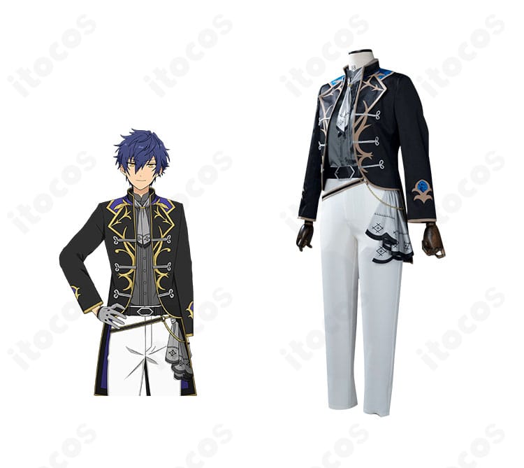 漣ジュン・七種茨のEdenユニット衣装 正面全体。コートとスカーフ、金装飾を公式風に再現したフロントビュー。