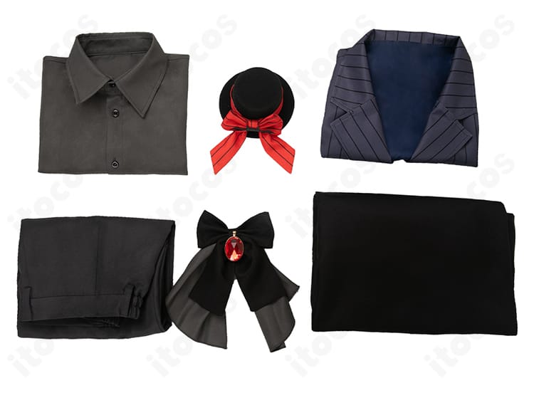 セット内容一覧。マント・シャツ・ベスト・ズボン・帽子・リボンの6点を並べたアクア衣装。