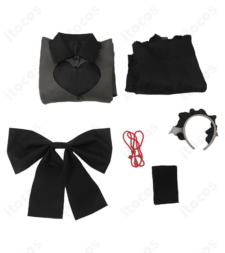 星野ルビー衣装のセット内容一覧。ワンピース、エプロン、ネックレス、髪飾り、靴下、背部蝶結びを確認できる画像。