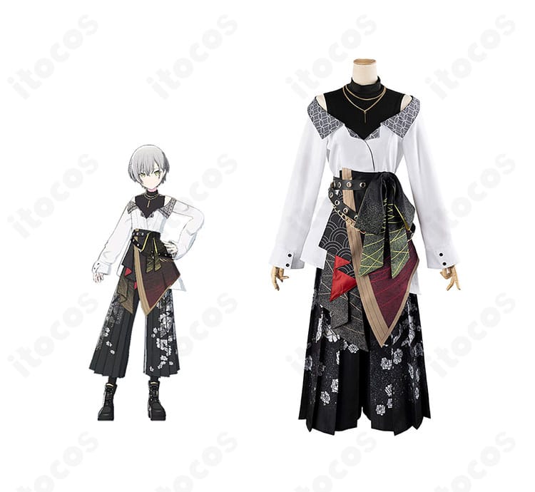 日野森志歩の和風ロック衣装コスプレ一式の正面全体像｜上着・インナー・ズボン・腰布・飾り付き