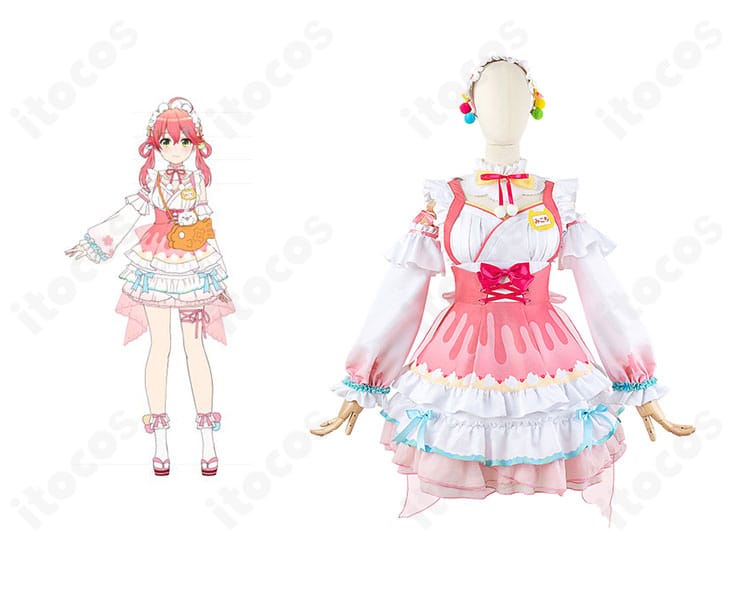 さくらみこの正月衣装コスプレ一式を正面から撮影した画像。ワンピースと髪飾りのバランスが分かります。