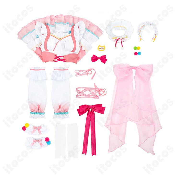 さくらみこ正月衣装コスプレのセット内容展示画像。ワンピース、髪飾り、リボン、靴下の4点を並べて紹介。