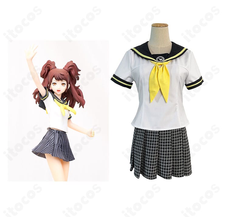 ペルソナ4 久慈川りせ 八十神高校夏服コスプレ衣装の正面とキャラクター比較。配色とシルエットの再現度が分かる構成