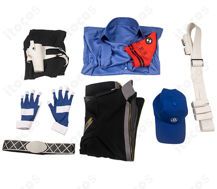 セット内容一覧。コート・ズボン・シャツ・腕章・手袋・帽子・ベルト・ホルスター・肩ベルトの同梱確認用。