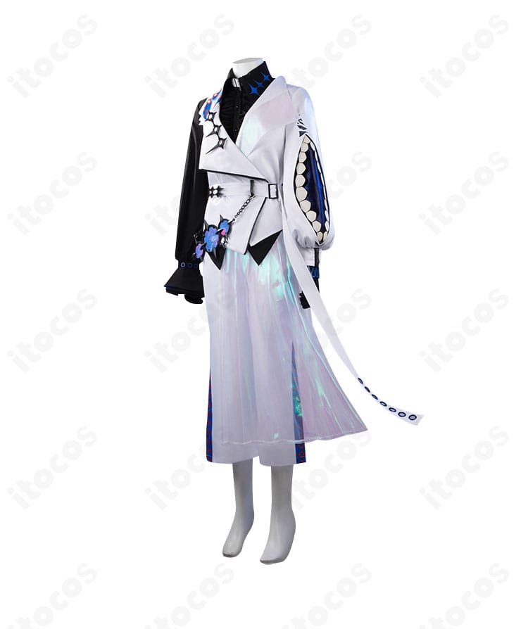 コスプレ衣装 側面図。袖の可動域と腰布の落ち感がわかる、着心地重視のサイドシルエット