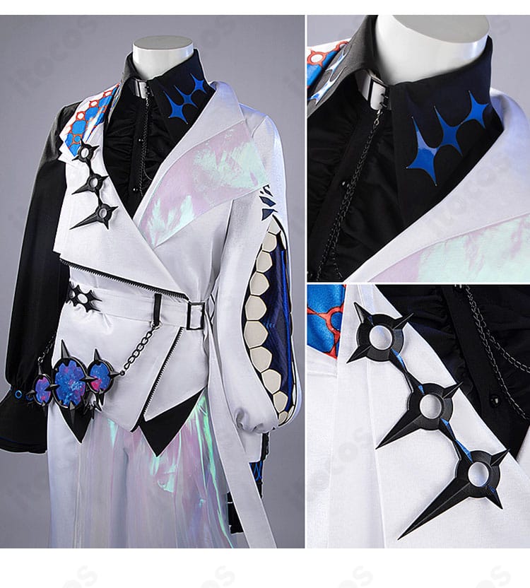 襟元装飾ディテール。チョーカーと襟の重なり、金属パーツの質感が伝わる近接カット