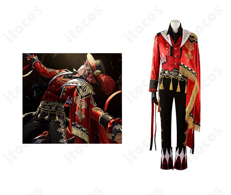 エース・トラッポラ プレイフル・ドレス衣装の正面全体像とキャラクターイメージ。装飾と配色の再現度が分かる融合表示。