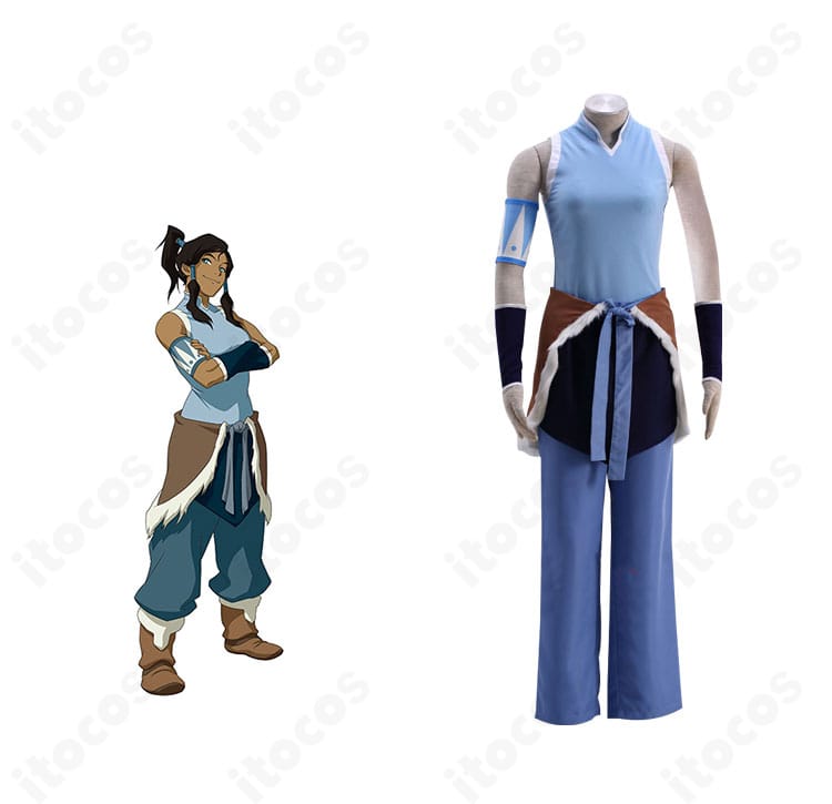 コーラの公式イメージと並んだ正面全体図。高再現のトップス・ズボン・腰布・アームカバー・髪飾りを備えたコスプレ衣装。